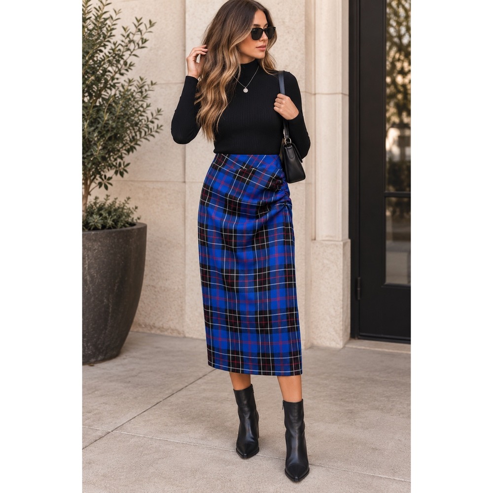 Zara Plaid Ruched Midi Skirt Medium Blue High Waisted Side Slit Tartan 90s Style
